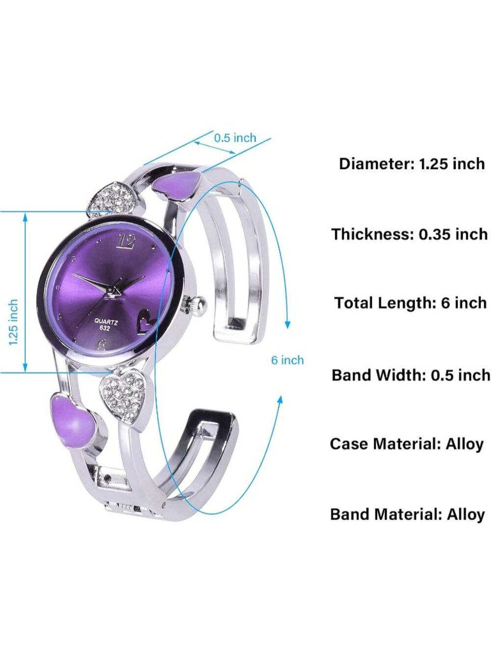 Women's Purple Quartz with Rhinestone Round Dial Stainless Steel Band Cuff Watch - Picture 2 of 5